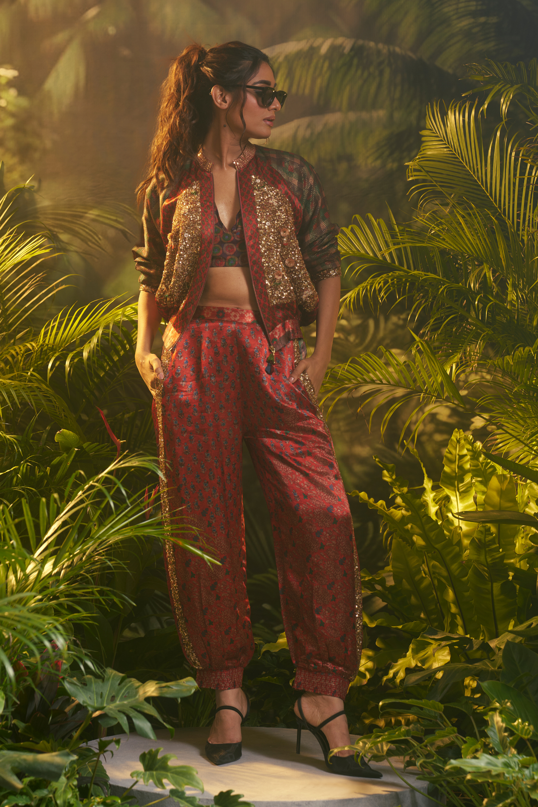 Printed Crepe silk Indowestern with Aari, Sequins, Thread, Zari work.