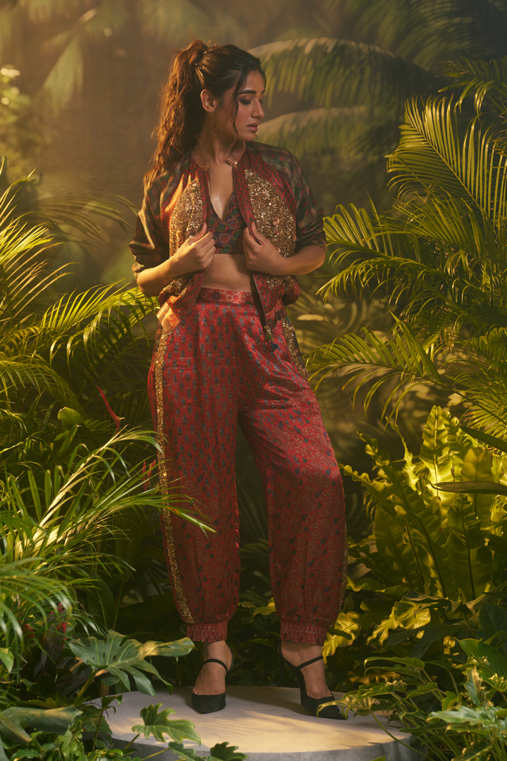 Printed Crepe silk Indowestern with Aari, Sequins, Thread, Zari work.