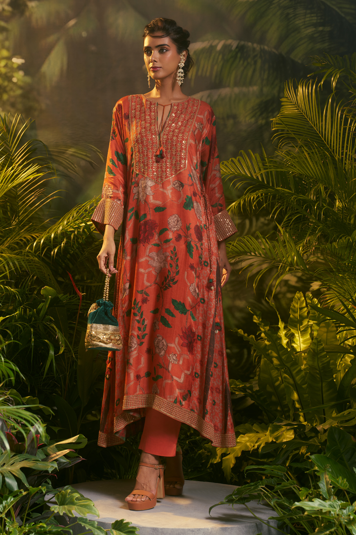 Digital Printed Crepe silk Suit with Aari, Sequins, Thread, Zari work.