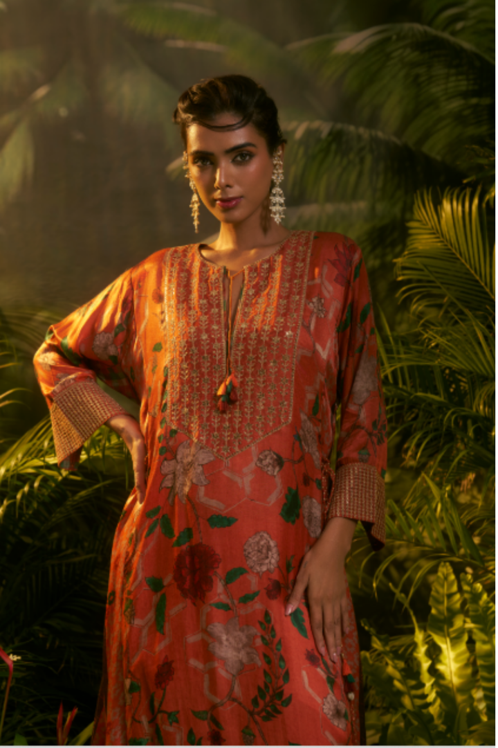 Digital Printed Crepe silk Suit with Aari, Sequins, Thread, Zari work.