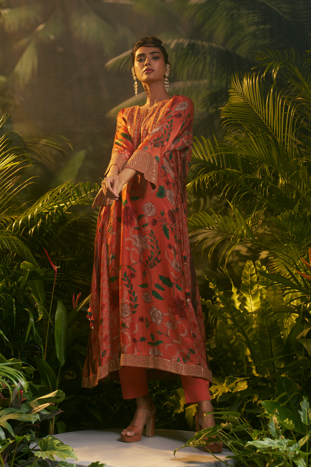 Digital Printed Crepe silk Suit with Aari, Sequins, Thread, Zari work.