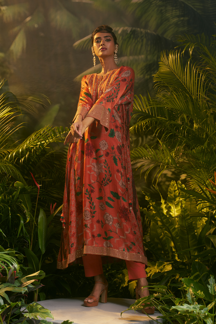 Digital Printed Crepe silk Suit with Aari, Sequins, Thread, Zari work.