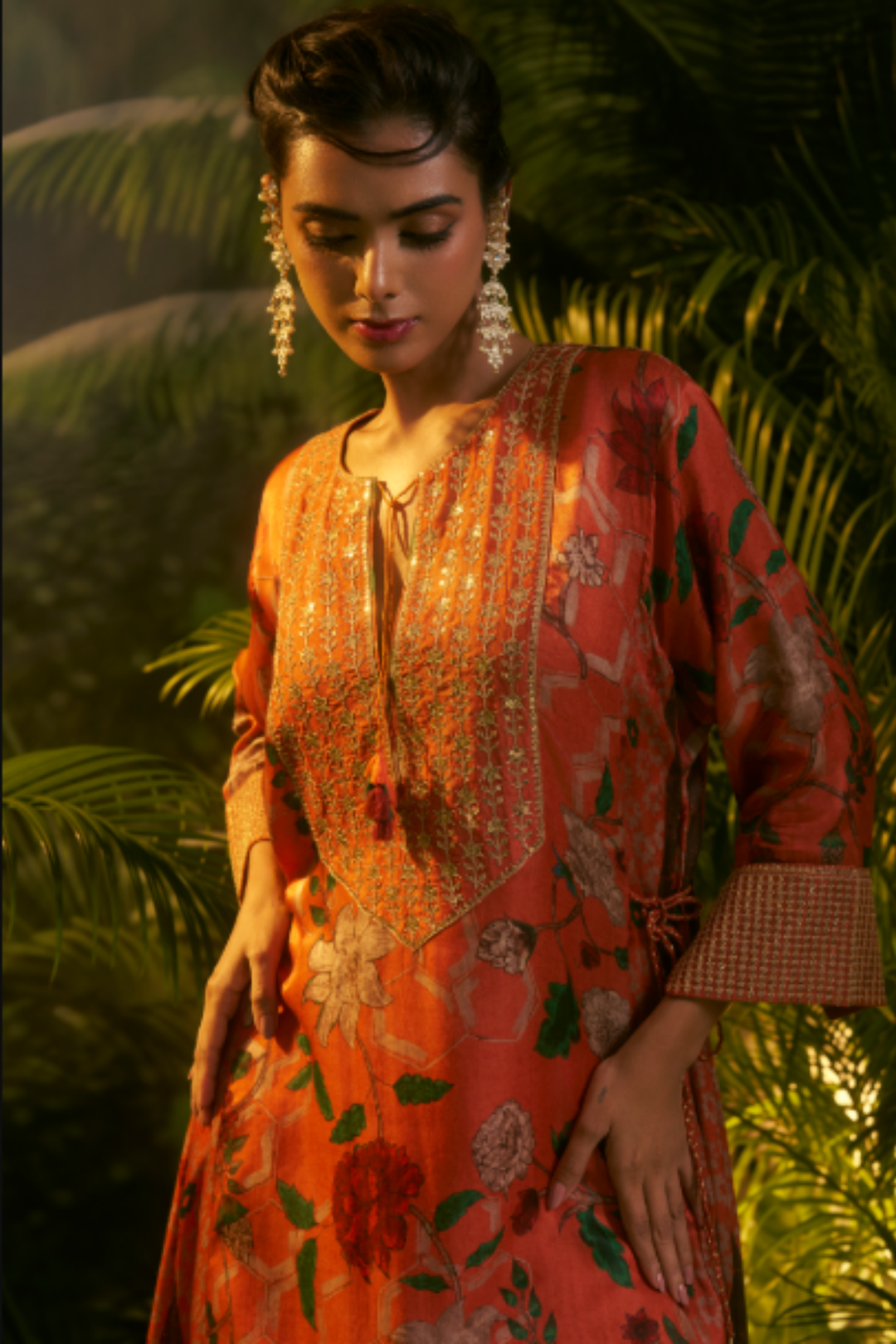Digital Printed Crepe silk Suit with Aari, Sequins, Thread, Zari work.