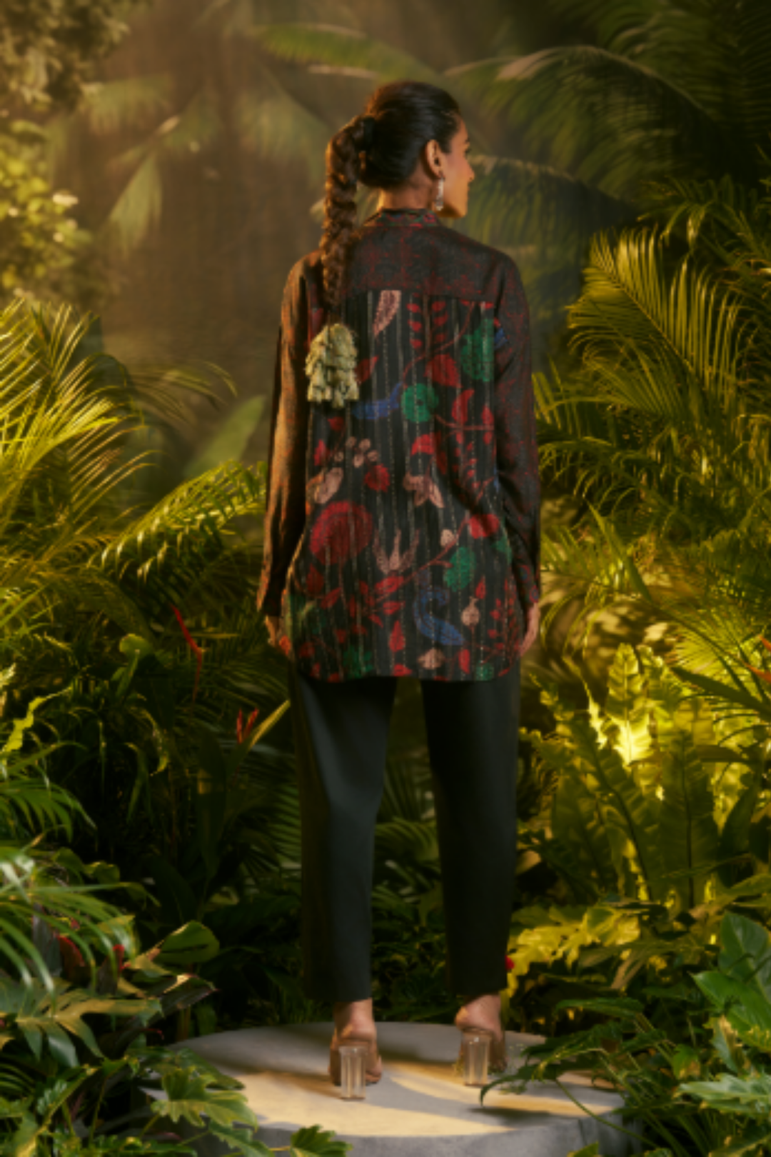 Digital Printed Crepe silk Tunic with Aari, Sequins, Thread, Zari work.