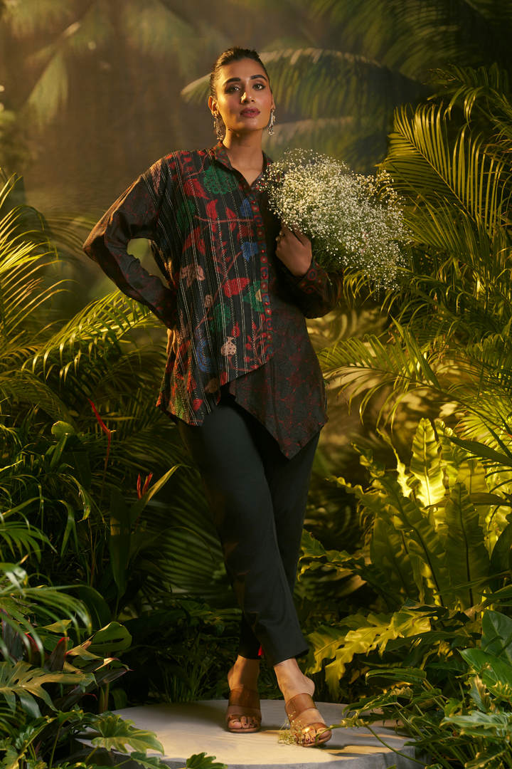 Digital Printed Crepe silk Tunic with Aari, Sequins, Thread, Zari work.