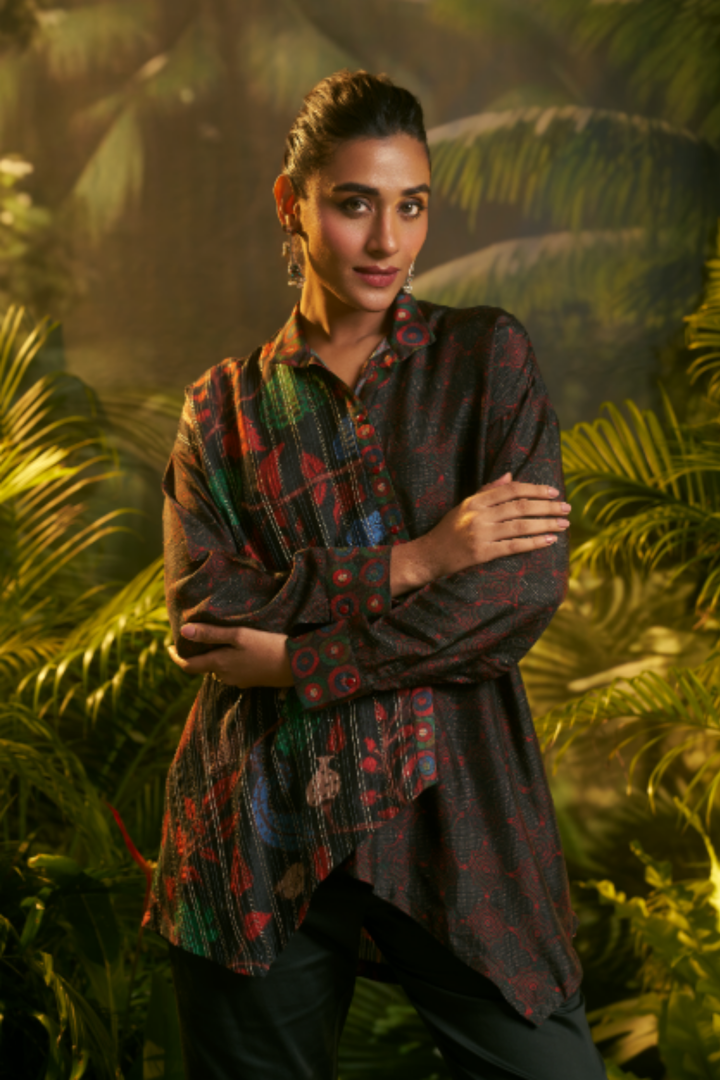 Digital Printed Crepe silk Tunic with Aari, Sequins, Thread, Zari work.