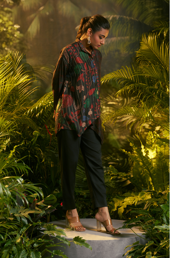 Digital Printed Crepe silk Tunic with Aari, Sequins, Thread, Zari work.