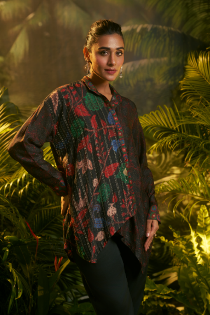 Digital Printed Crepe silk Tunic with Aari, Sequins, Thread, Zari work.