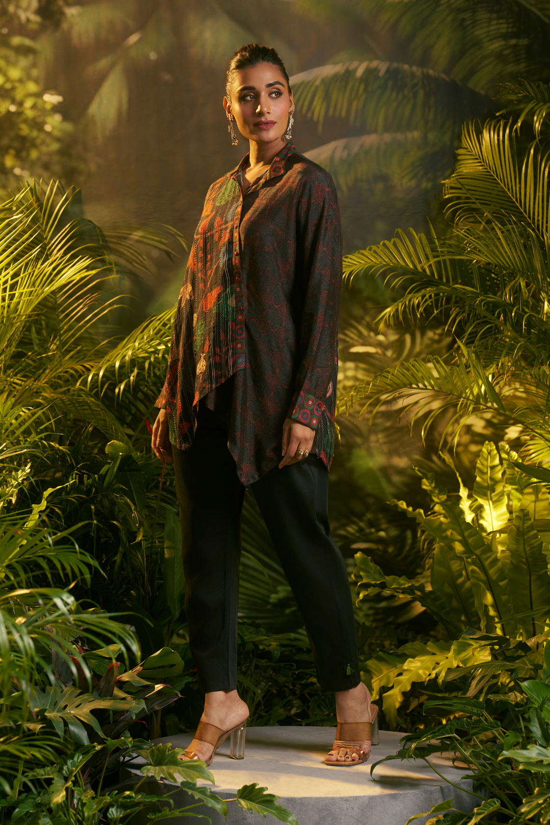 Digital Printed Crepe silk Tunic with Aari, Sequins, Thread, Zari work.