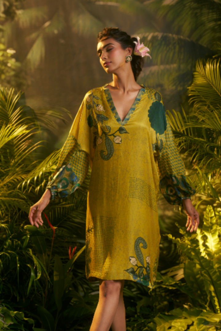 Digital Printed Crepe silk Tunic with Sequins, Tissue work.