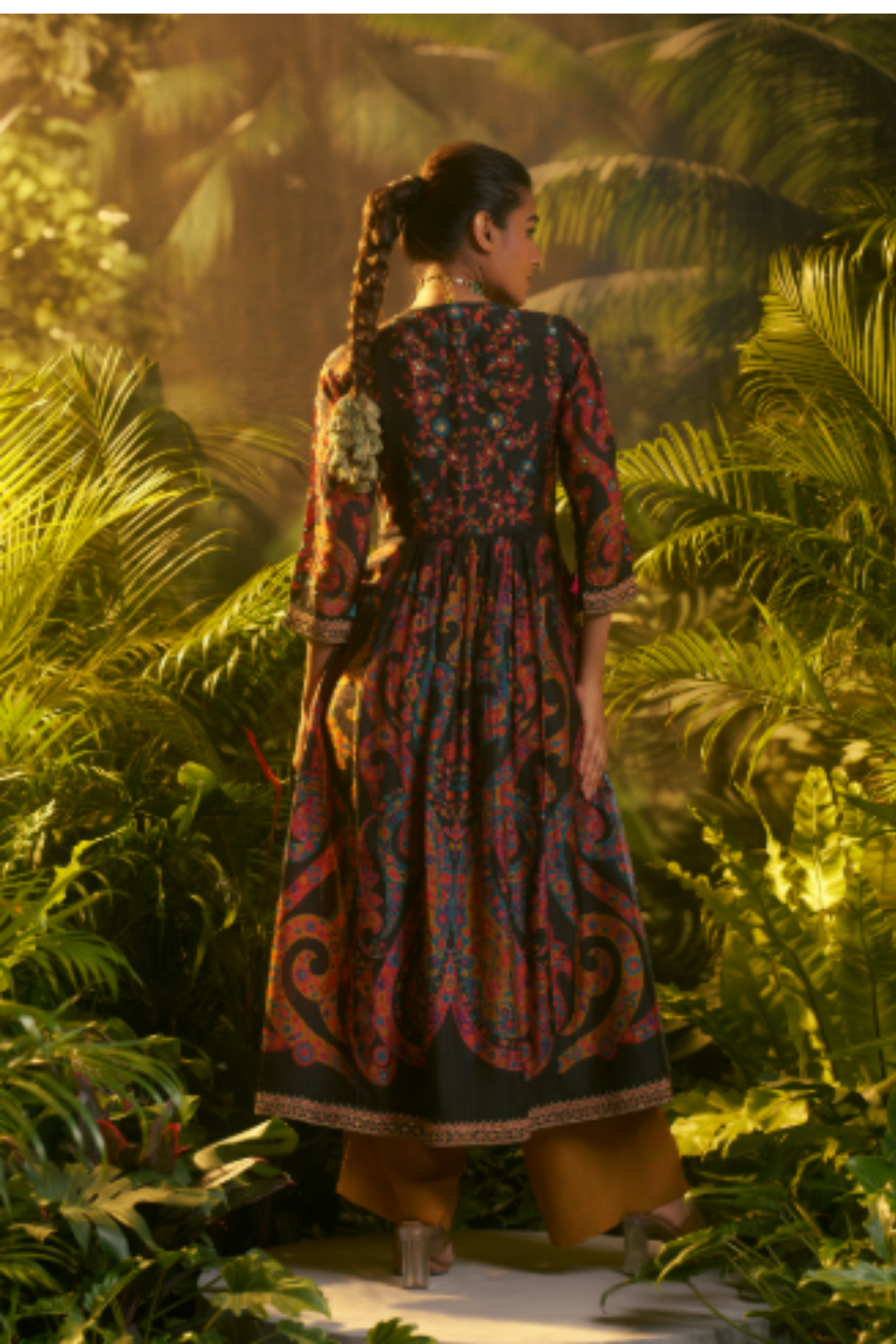 Digital Printed Crepe silk Suit with Aari, Sequins, Thread, Zari work.