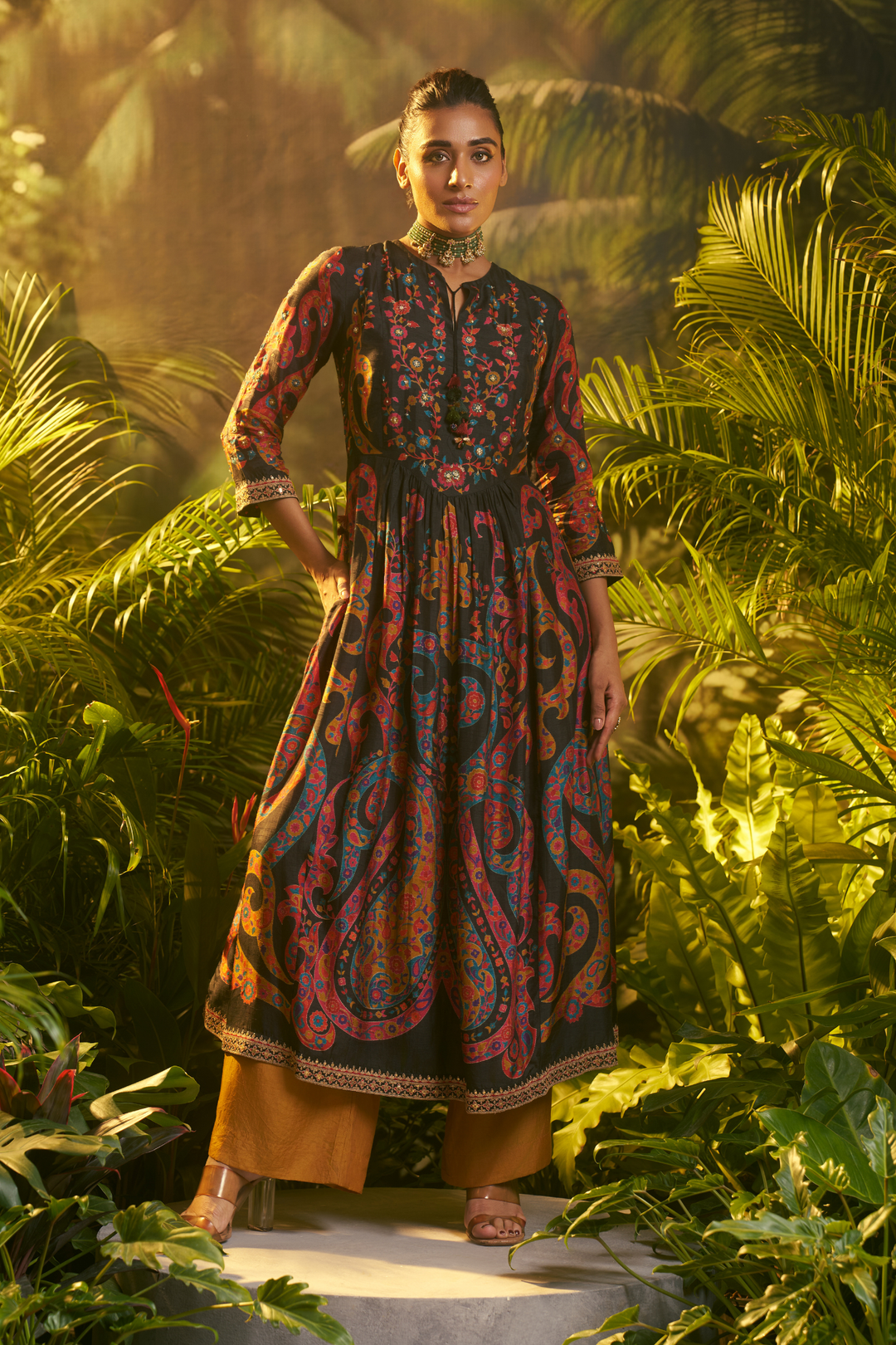 Digital Printed Crepe silk Suit with Aari, Sequins, Thread, Zari work.