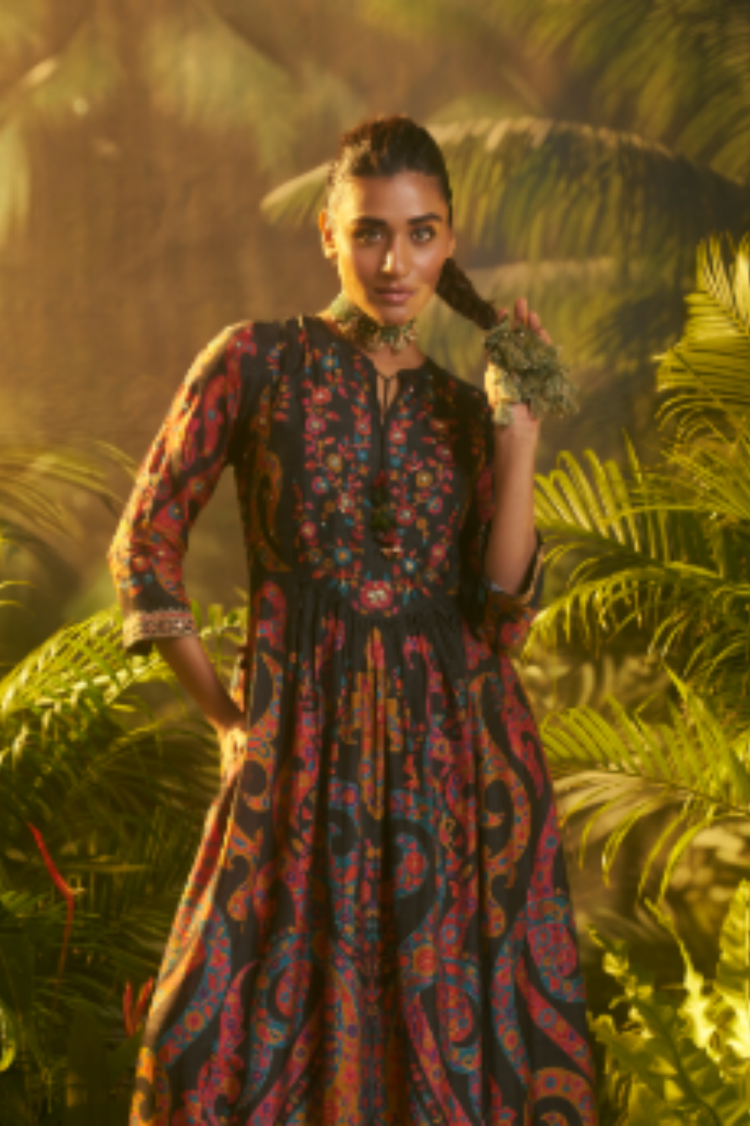 Digital Printed Crepe silk Suit with Aari, Sequins, Thread, Zari work.