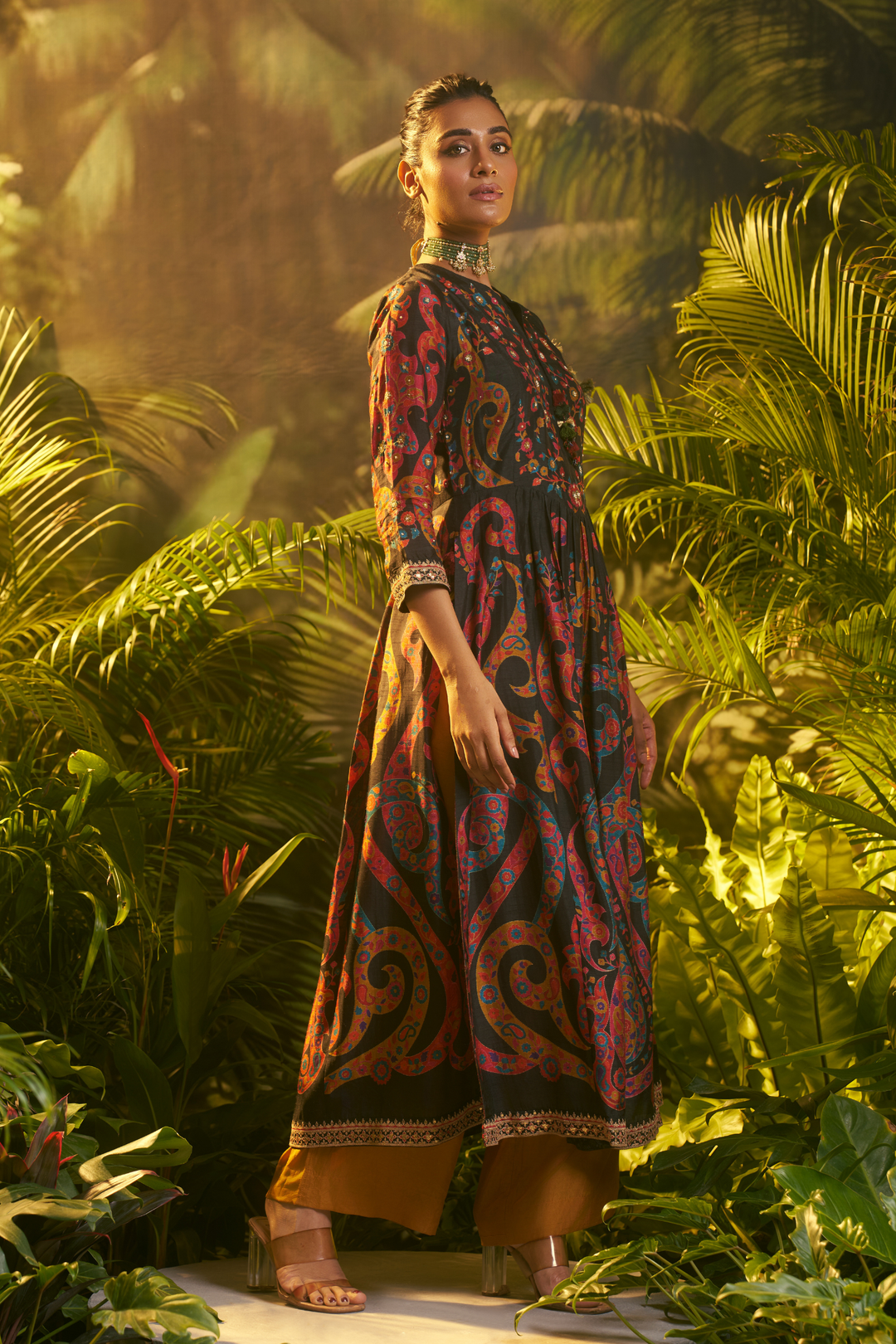 Digital Printed Crepe silk Suit with Aari, Sequins, Thread, Zari work.