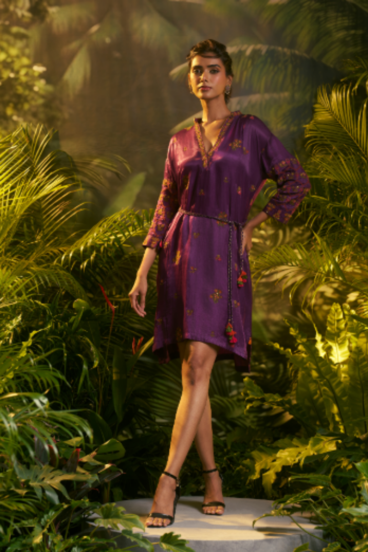 Printed Crepe silk Tunic with Aari work.