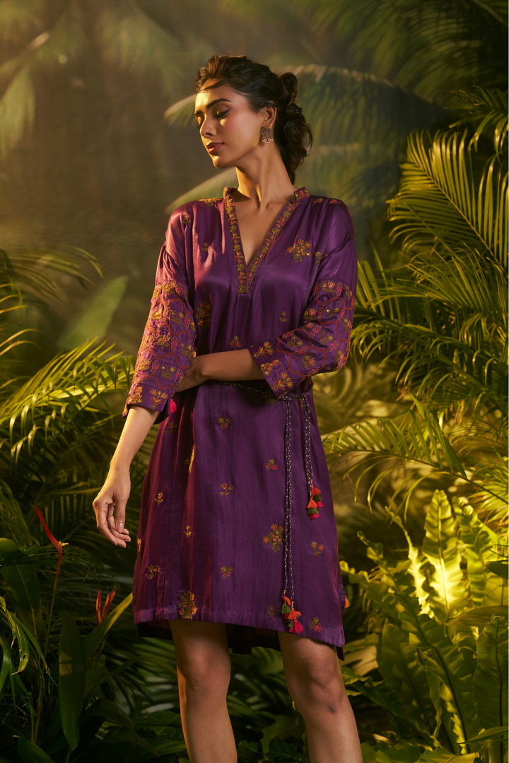 Printed Crepe silk Tunic with Aari work.
