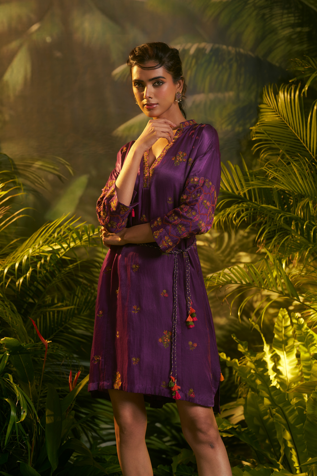 Printed Crepe silk Tunic with Aari work.