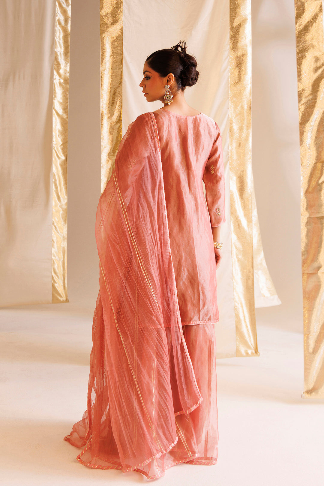 Dark Pink Pure Tissue Suit with Pearl and Thread work