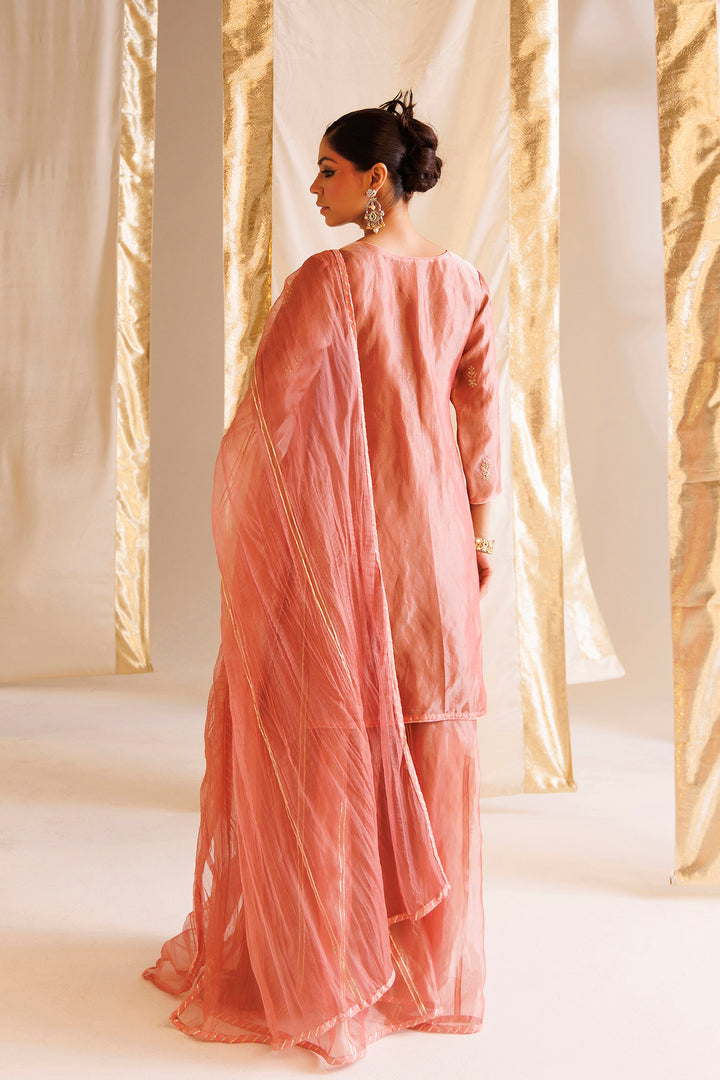 Dark Pink Pure Tissue Suit with Pearl and Thread work