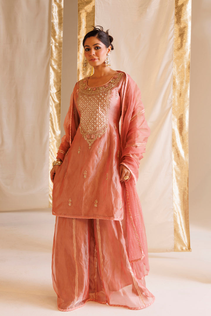 Dark Pink Pure Tissue Suit with Pearl and Thread work