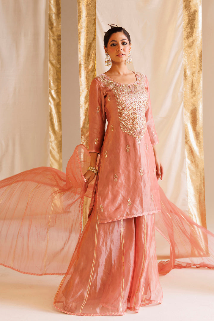 Dark Pink Pure Tissue Suit with Pearl and Thread work