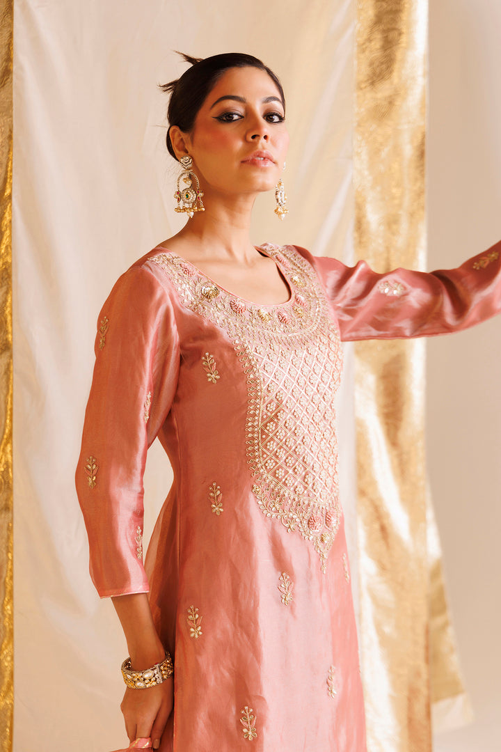 Dark Pink Pure Tissue Suit with Pearl and Thread work