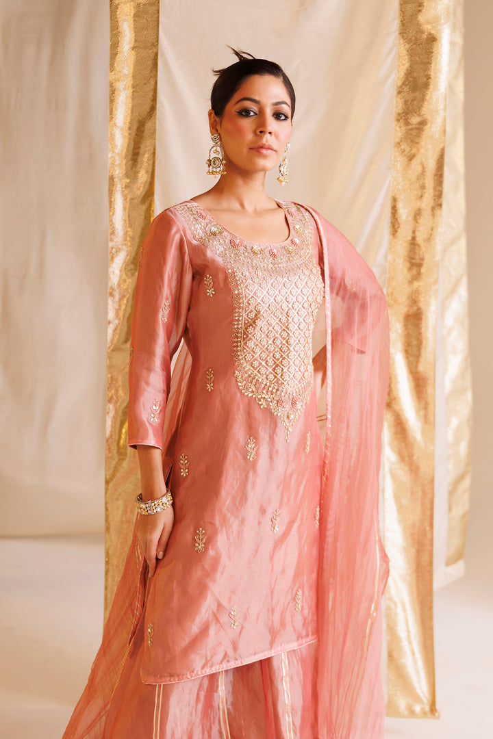 Dark Pink Pure Tissue Suit with Pearl and Thread work