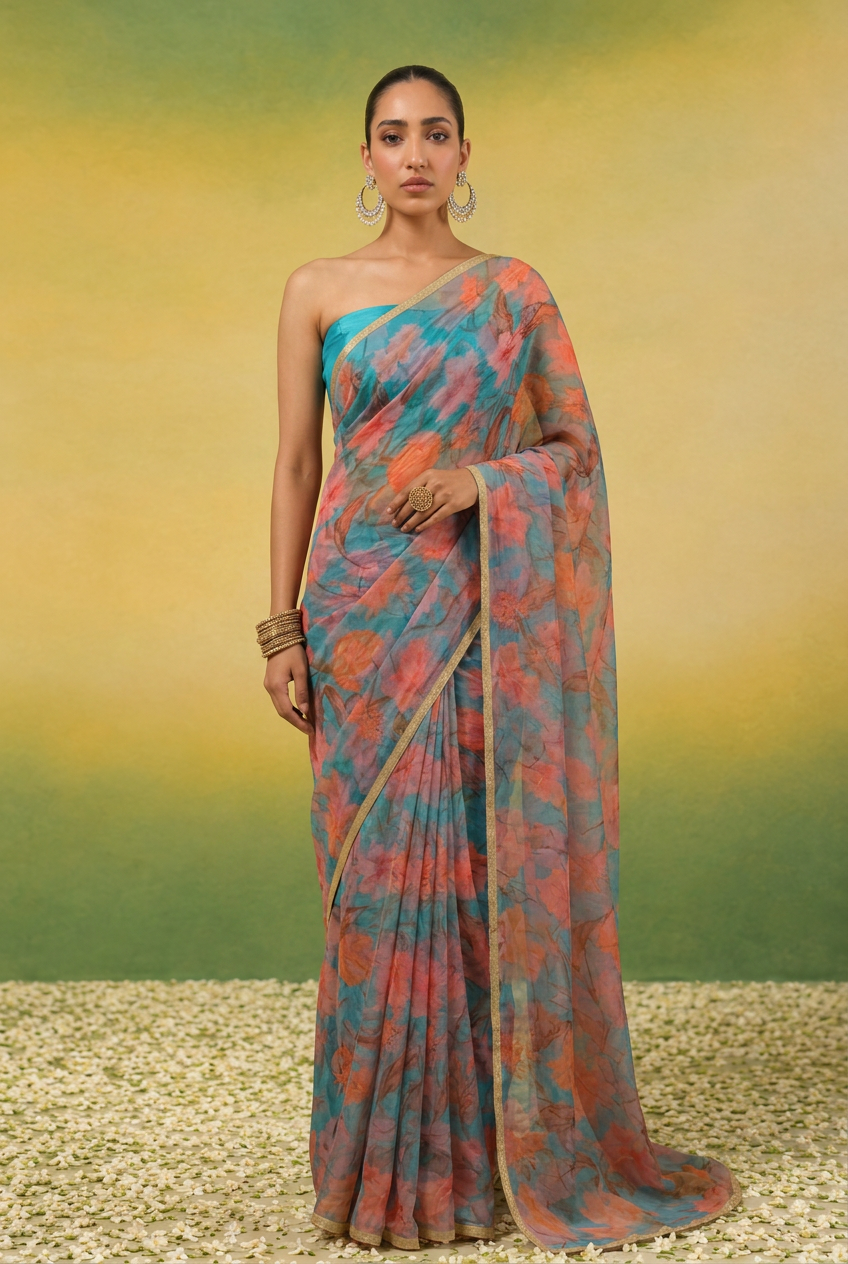 Printed Chiffon Saree with Zari Border.