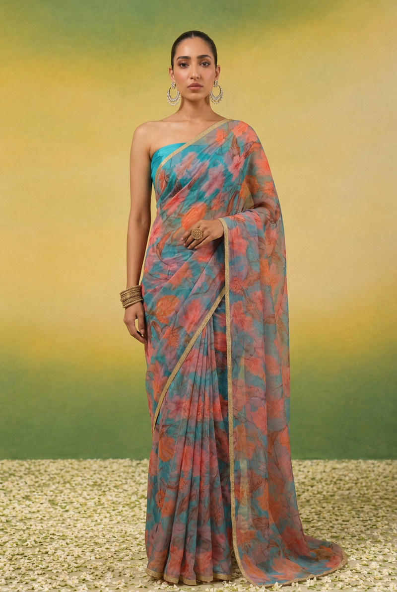 Printed Chiffon Saree with Zari Border.