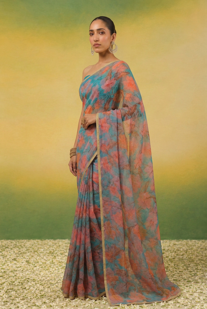 Printed Chiffon Saree with Zari Border.