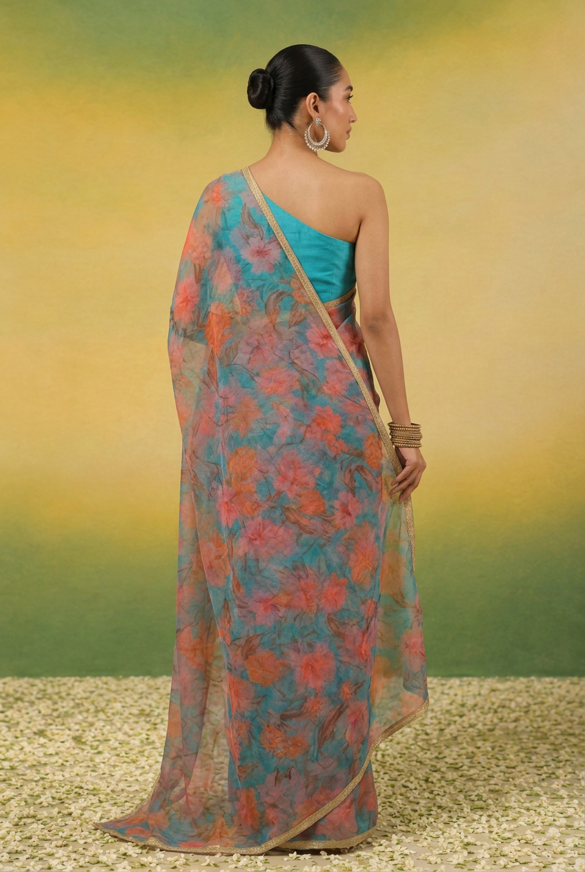 Printed Chiffon Saree with Zari Border.