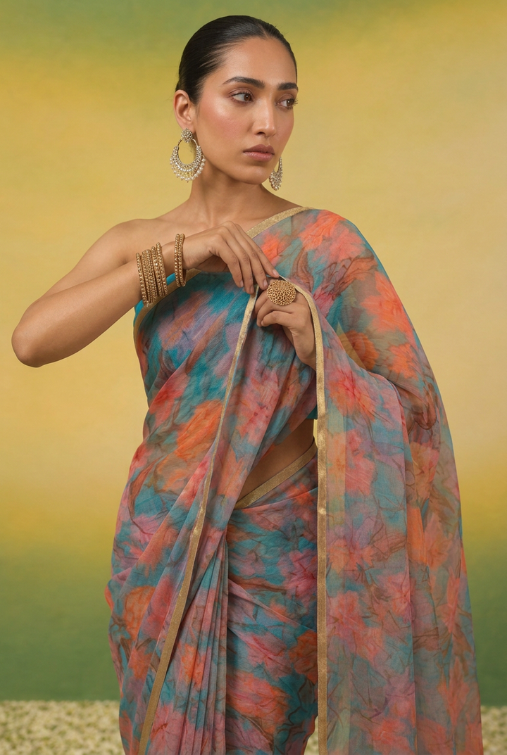 Printed Chiffon Saree with Zari Border.
