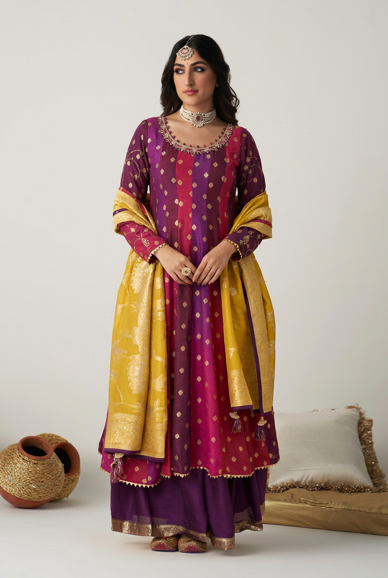 Royal Plum Banarasi Silk Indo-Western with Cutdana Work