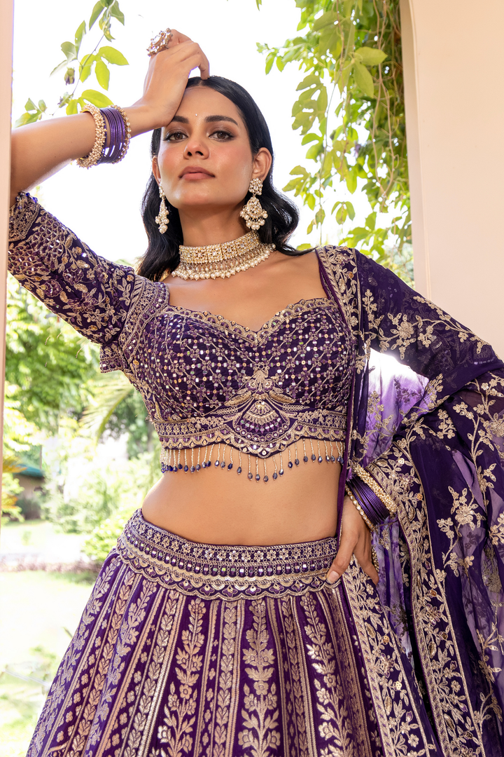 Handloom Banarasi silk Lehenga with Aari, Cutdana, Sequins, Stone, Thread, Zari work