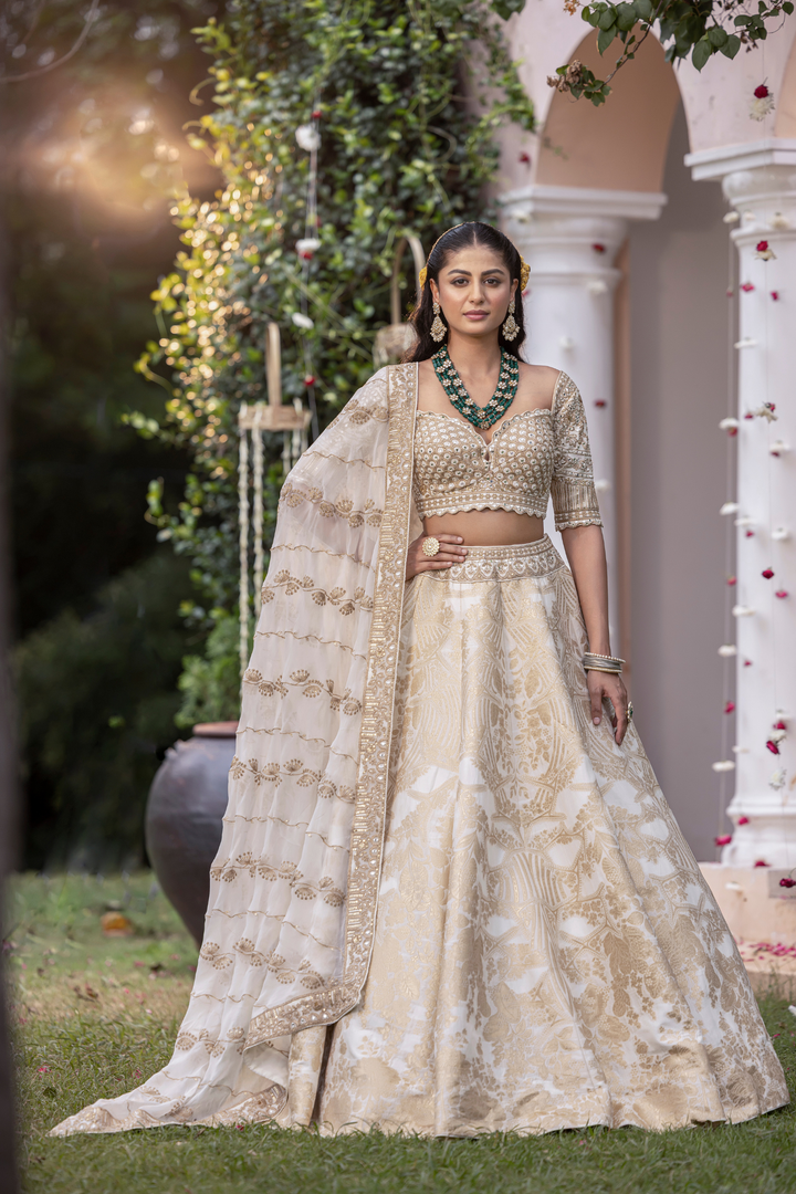 Handloom silk Lehenga with Aari, Sequins, Stone, Thread, Zari work