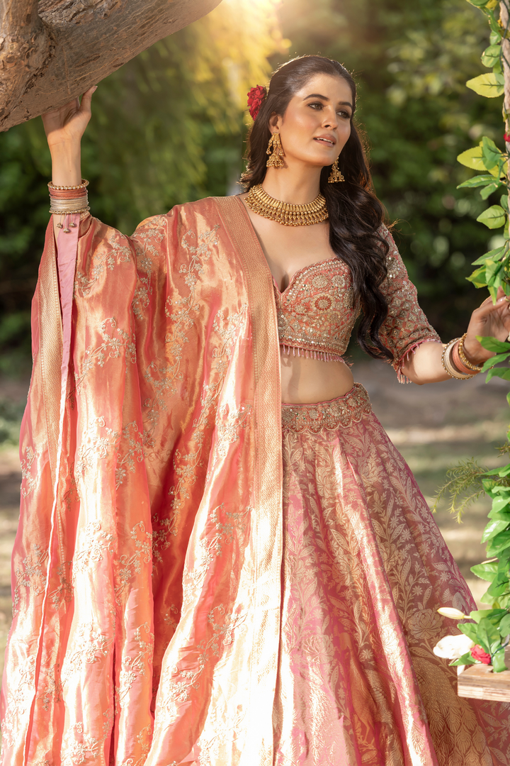Handloom silk Lehenga with Cutdana, Sequins, Stone, Thread, Zardozi, Zari work