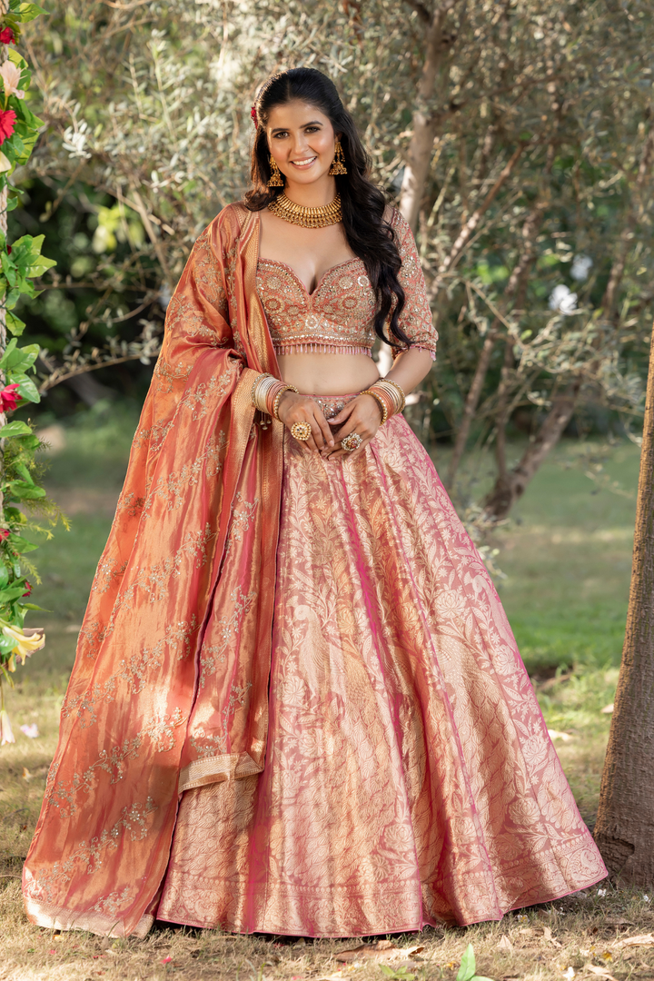 Handloom silk Lehenga with Cutdana, Sequins, Stone, Thread, Zardozi, Zari work