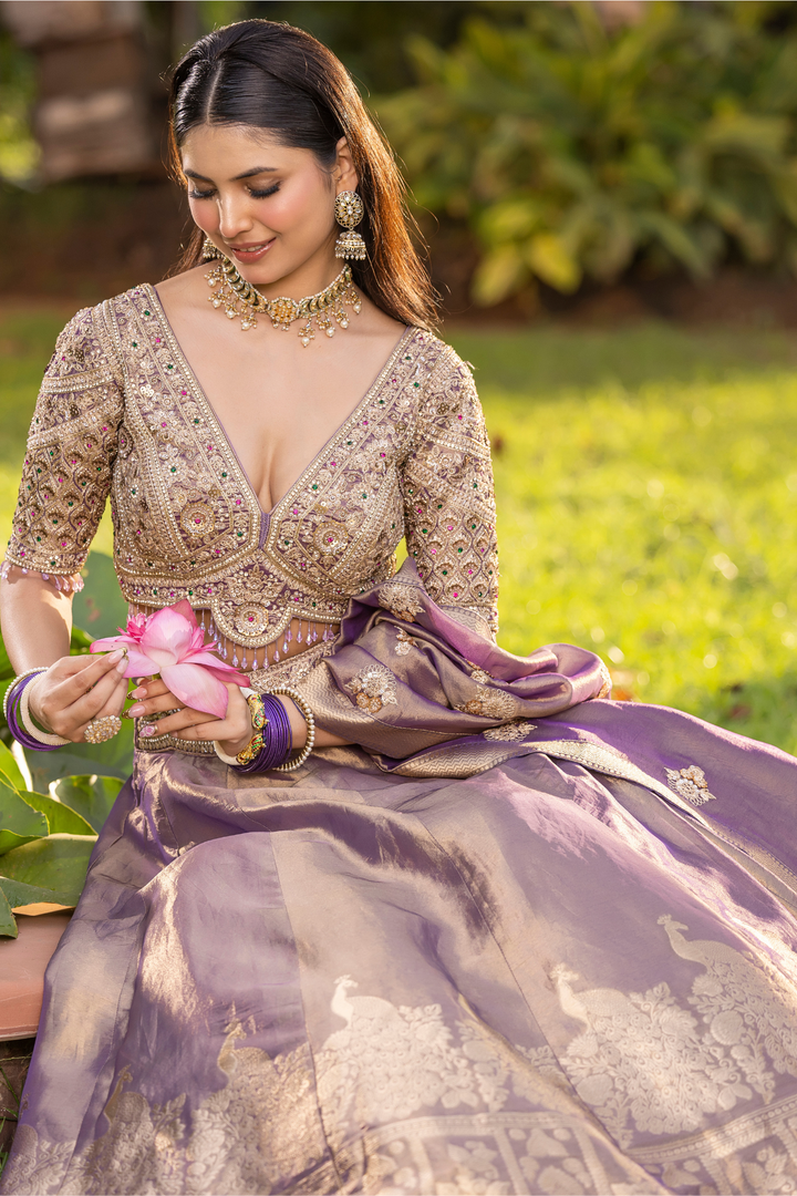 Tissue silk Lehenga with Cutdana, Sequins, Thread, Zari work