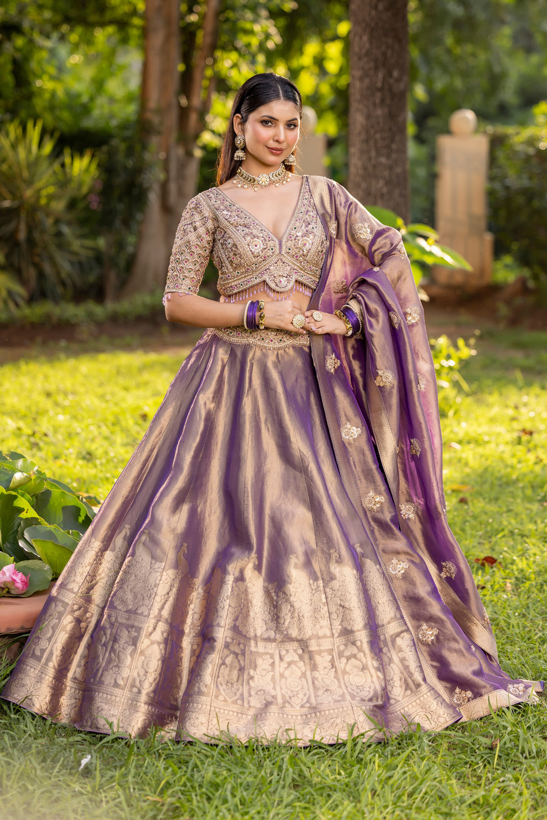 Tissue silk Lehenga with Cutdana, Sequins, Thread, Zari work