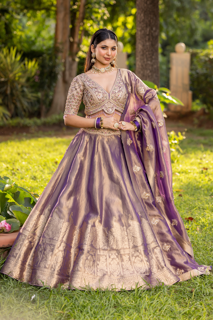 Tissue silk Lehenga with Cutdana, Sequins, Thread, Zari work