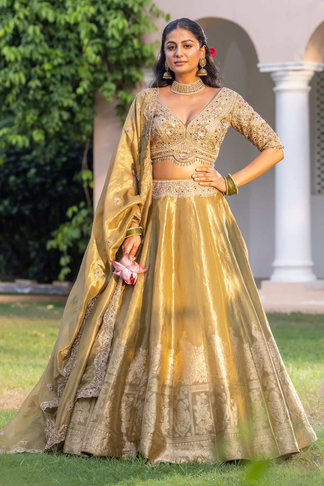 Tissue silk Lehenga with Cutdana, Sequins, Thread, Tissue, Zari work