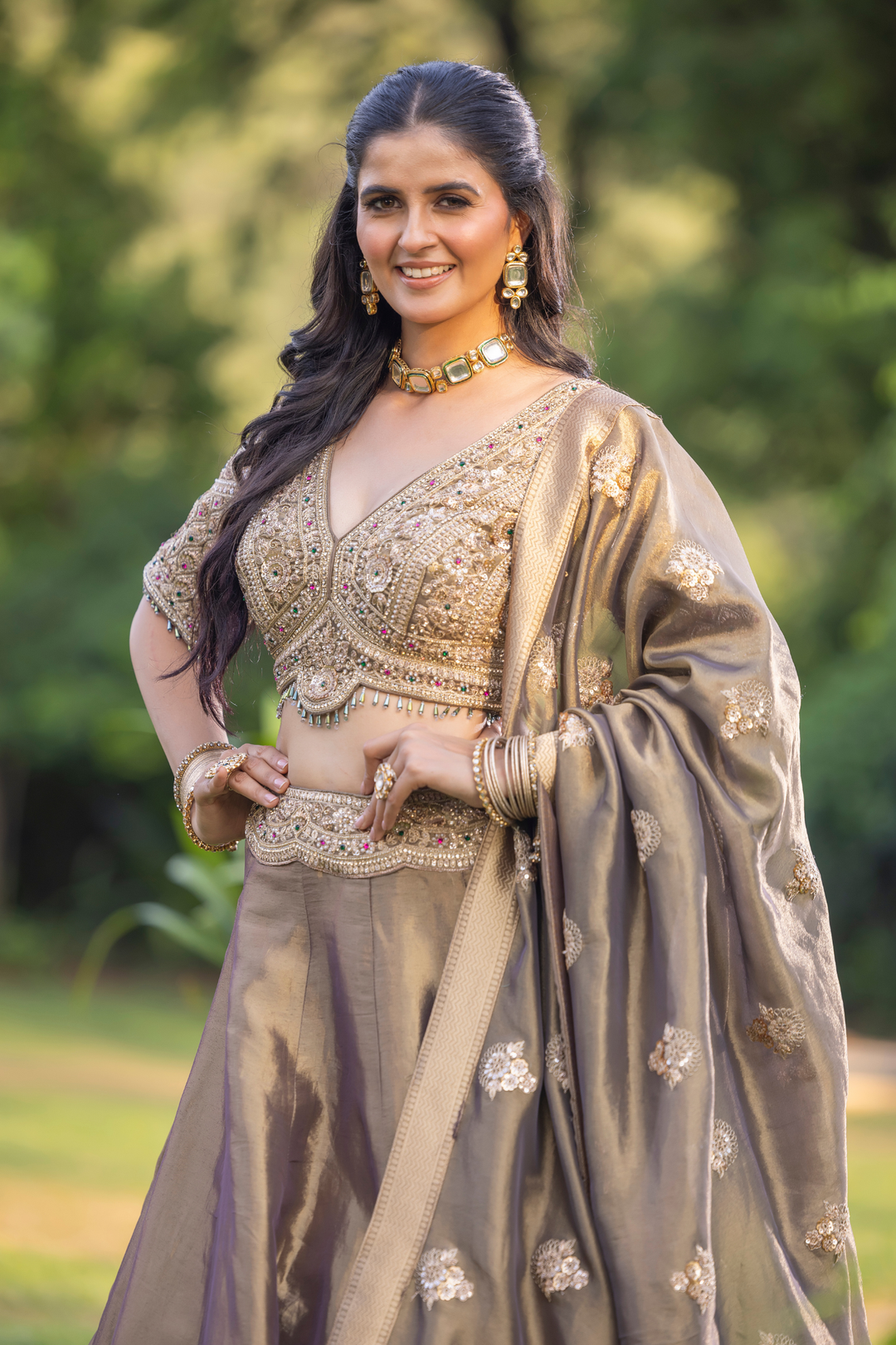 Tissue silk Lehenga with Sequins, Stone, Thread, Zari work