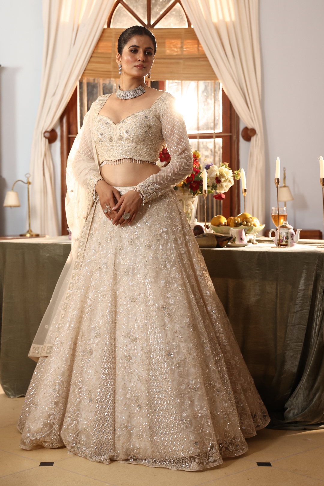 Net Lehenga with Cutdana, Sequins, Stone, Thread, Zari work