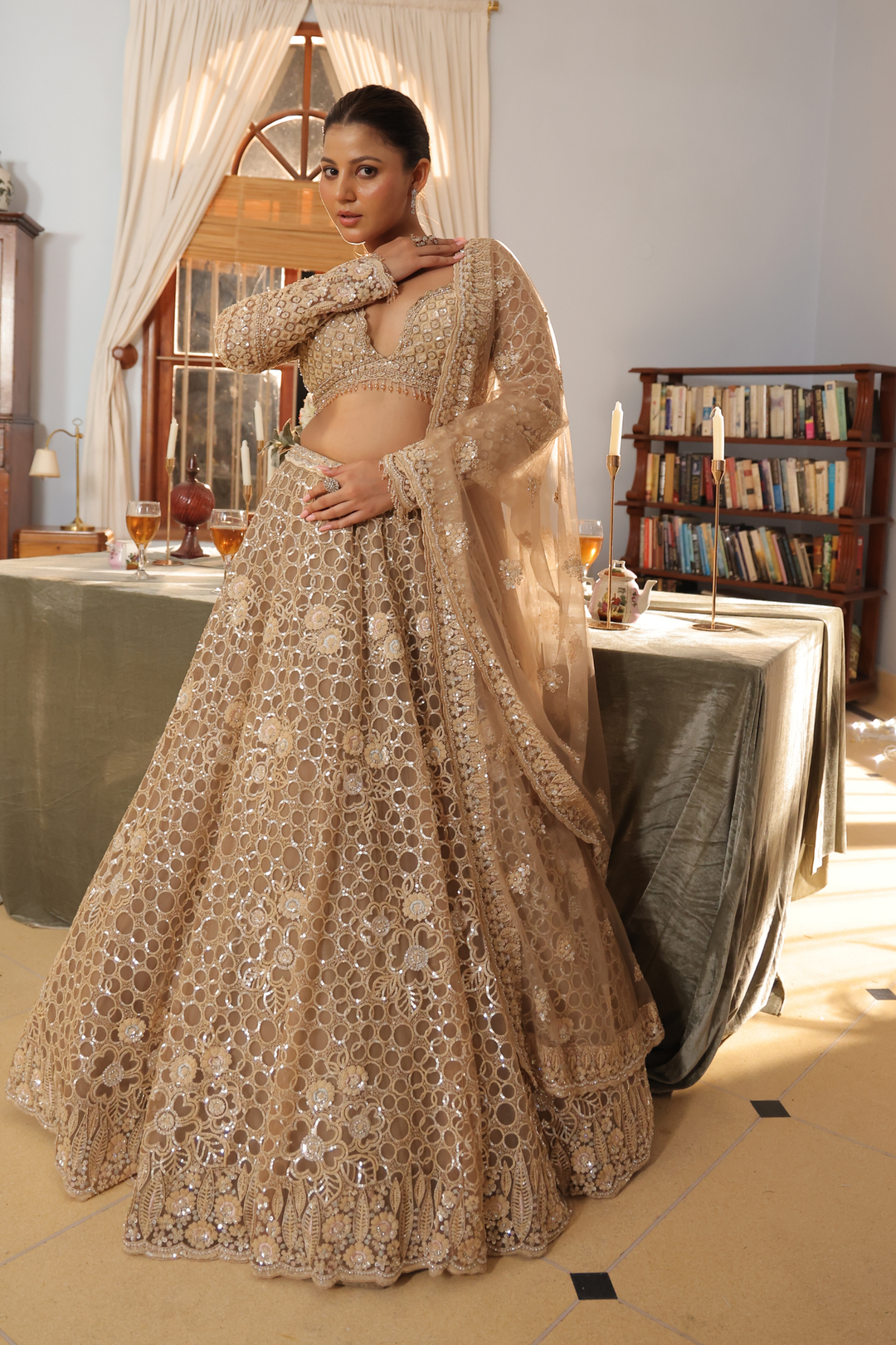 Net Lehenga with Cutdana, Sequins, Stone, Thread work