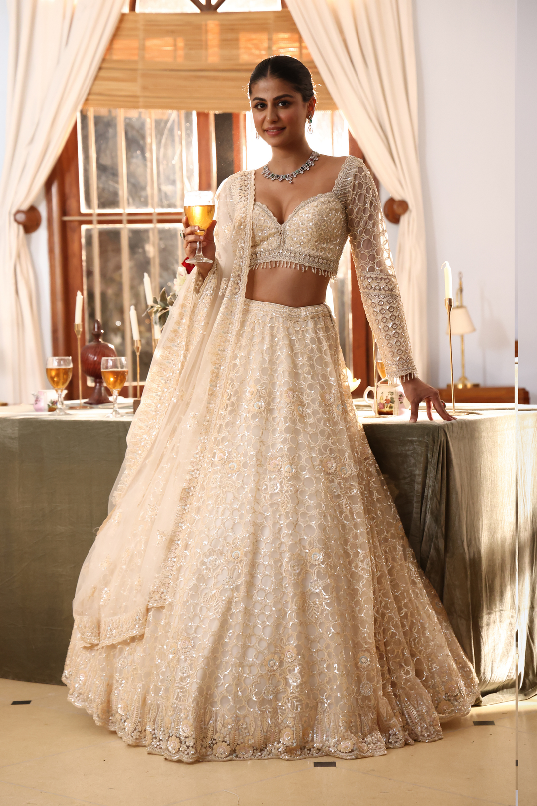 Net Lehenga with Cutdana, Pearl, Sequins, Stone, Thread work