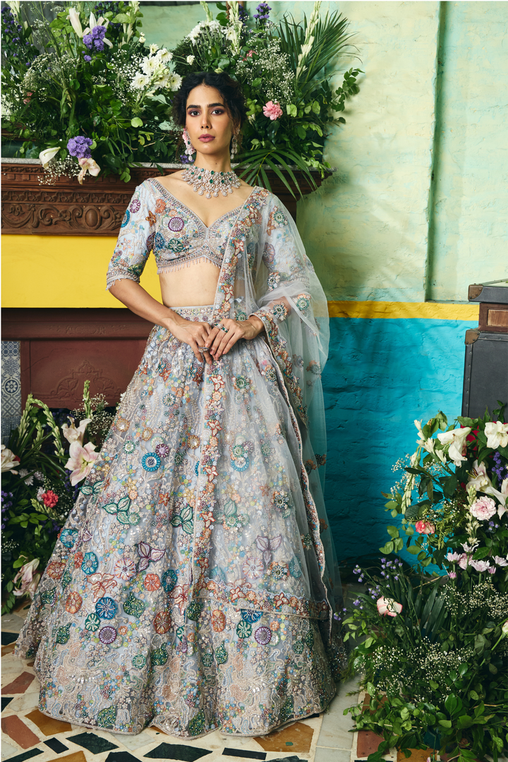 Net Lehenga with Cutdana, Sequins, Stone, Thread, Zardozi, Zari work