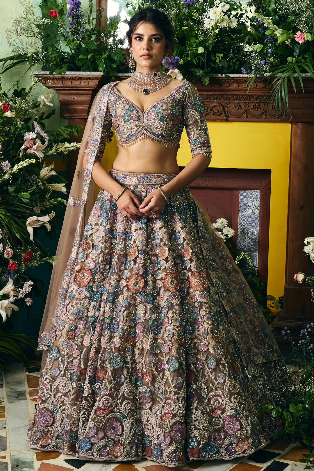 Embroidered Brown Net Lehenga