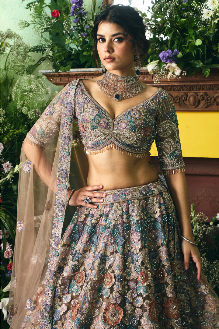 Net Lehenga with Cutdana, Sequins, Thread, Zardozi, Zari work