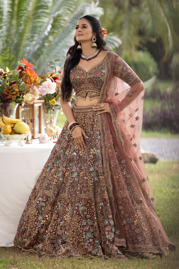 Net Lehenga with Cutdana, Pearl, Sequins, Stone, Thread, Zardozi, Zari work.