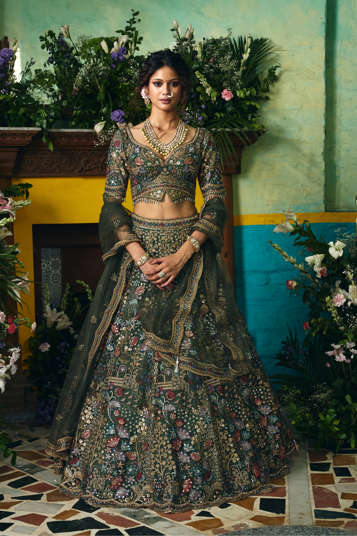 Net Lehenga with Cutdana, Sequins, Stone, Thread, Zardozi, Zari work.
